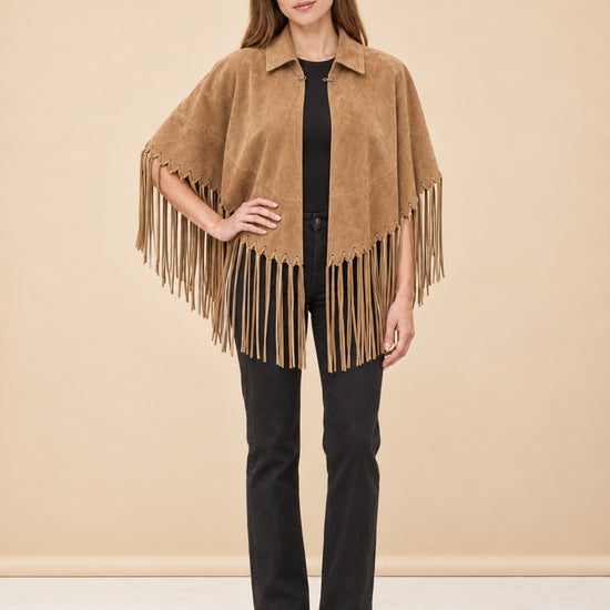 Genuine Suede Leather Fringe Cape model_front_2
