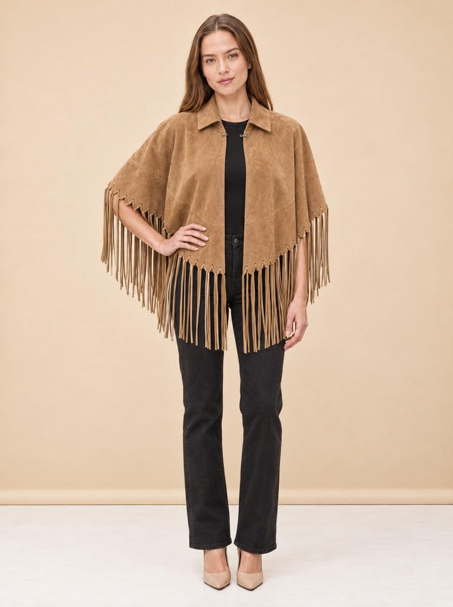 Genuine Suede Leather Fringe Cape model_front_2