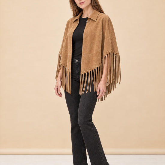 Genuine Suede Leather Fringe Cape model_front_3