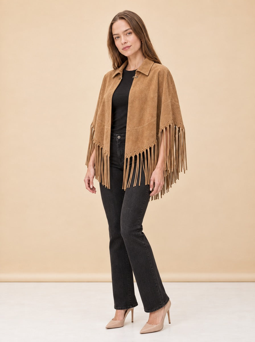 Genuine Suede Leather Fringe Cape model_front_3