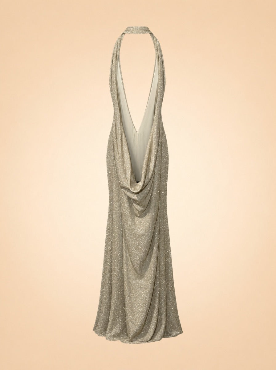 Gold Sparkle Plunge Halter Gown — ghost back