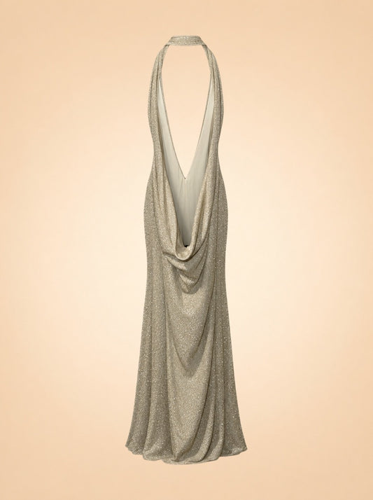 Gold Sparkle Plunge Halter Gown — ghost back