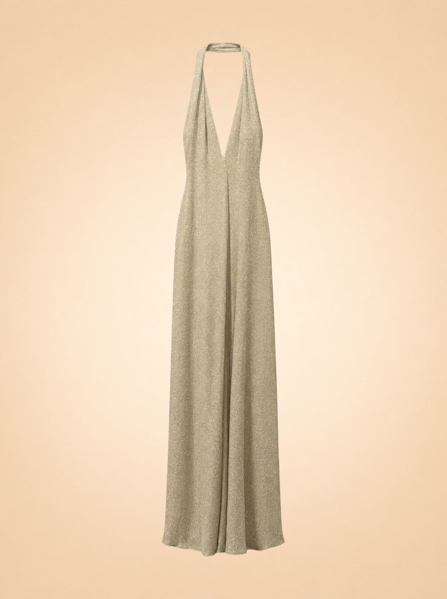 Gold Sparkle Plunge Halter Gown — ghost front