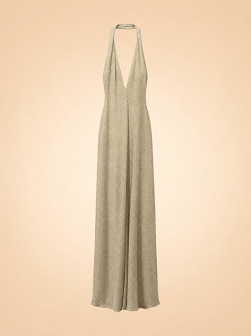 Gold Sparkle Plunge Halter Gown — ghost front