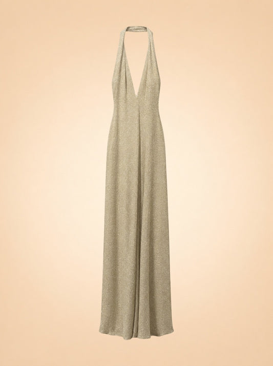 Gold Sparkle Plunge Halter Gown — ghost front
