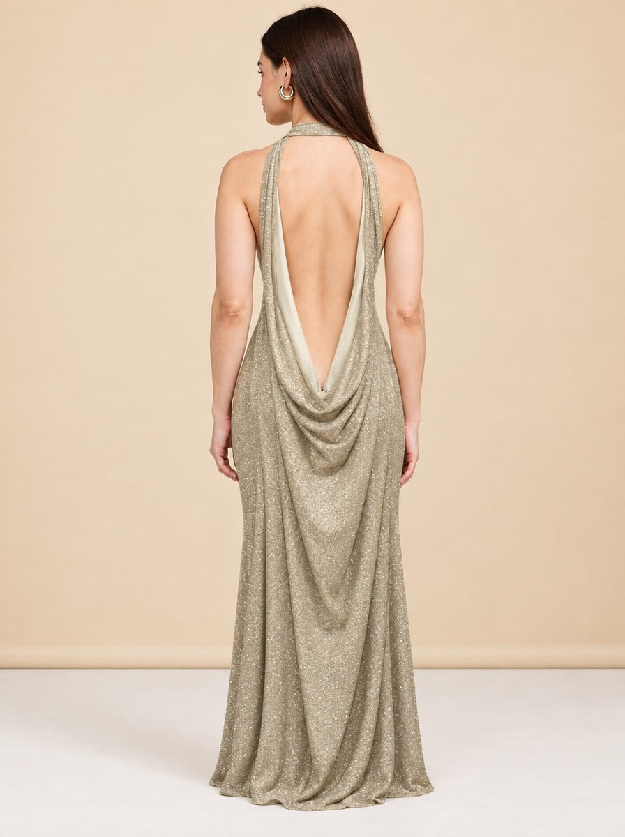 Gold Sparkle Plunge Halter Gown — model back