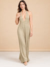 Gold Sparkle Plunge Halter Gown — model front 3