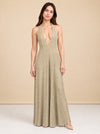 Gold Sparkle Plunge Halter Gown — model front