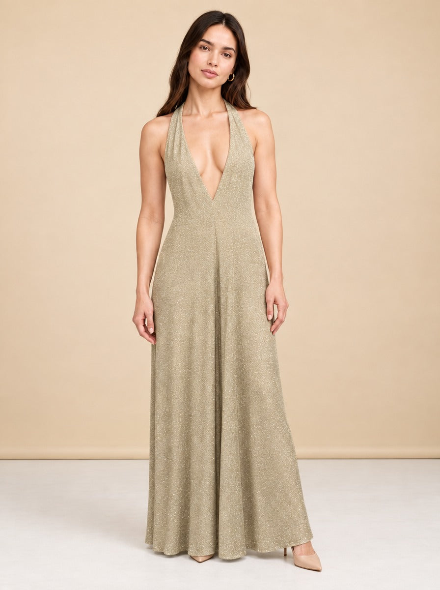 Gold Sparkle Plunge Halter Gown — model front