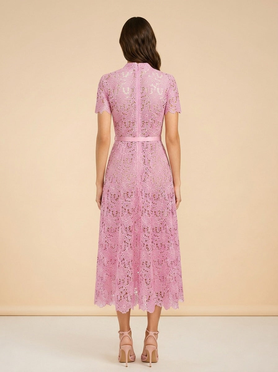 Guipure Lace Belted Midi Dress model_back