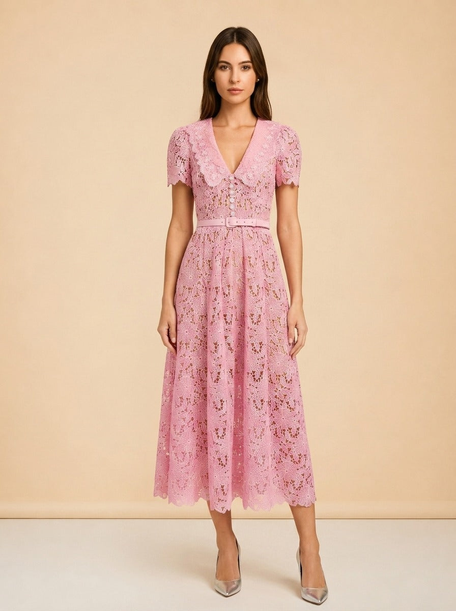 Guipure Lace Belted Midi Dress model_front