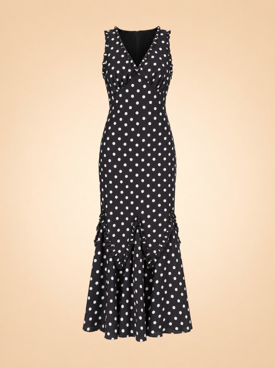 Hedia Polka Dot Ruffle Godet Maxi Dress — ghost front