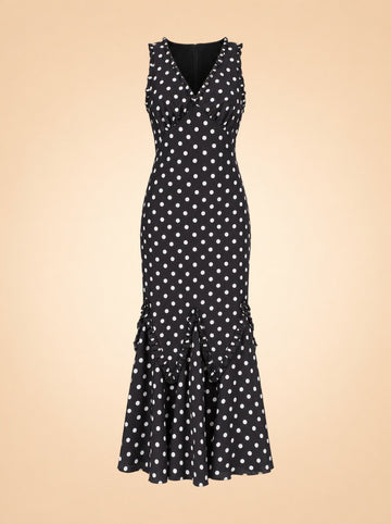 Hedia Polka Dot Ruffle Godet Maxi Dress — ghost front