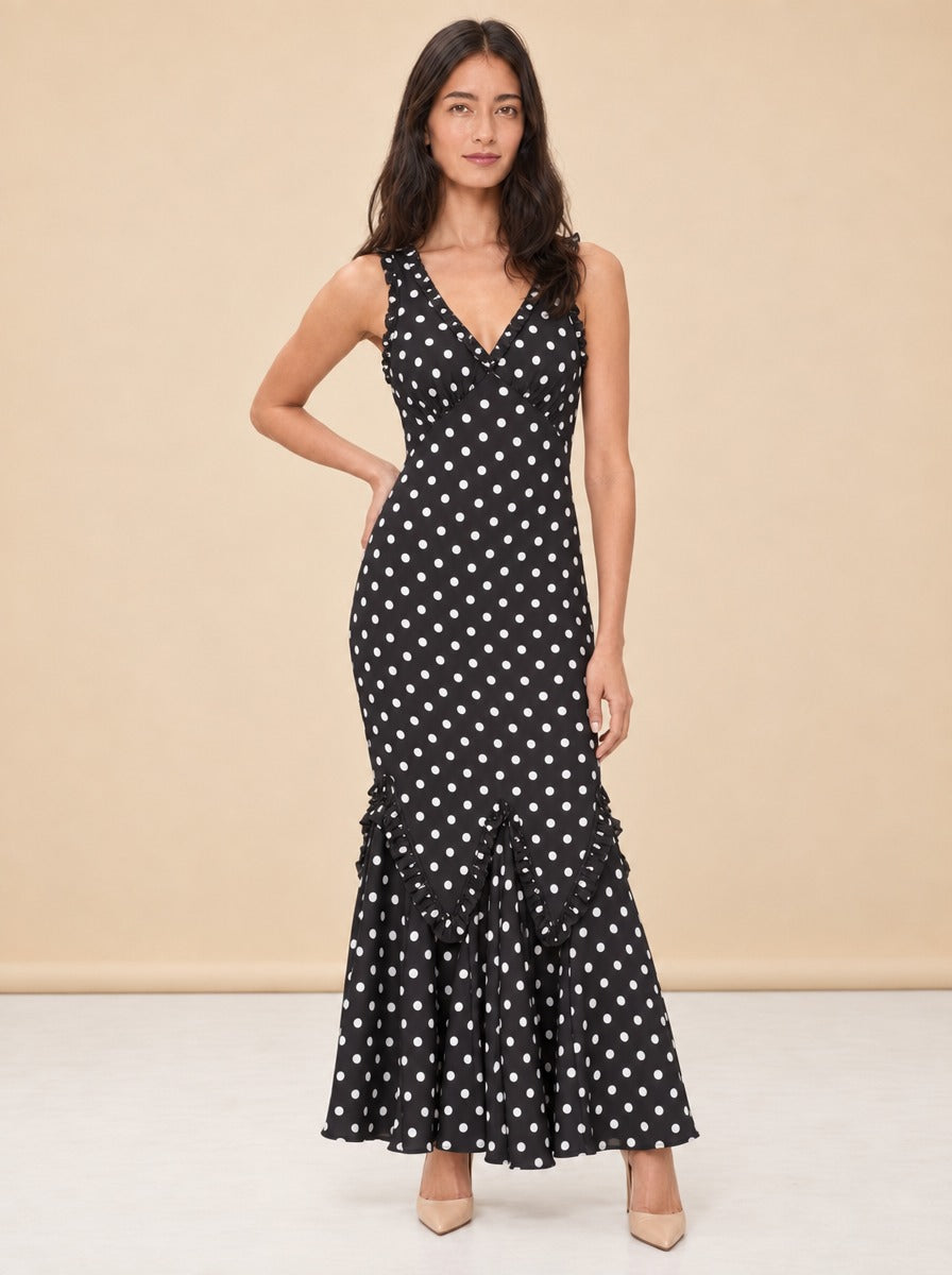 Hedia Polka Dot Ruffle Godet Maxi Dress — model front 2