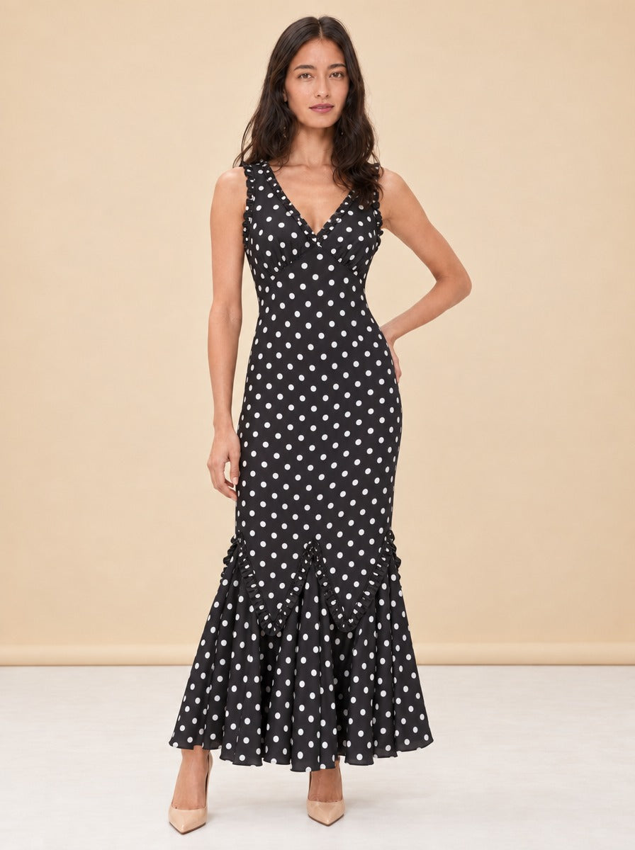 Hedia Polka Dot Ruffle Godet Maxi Dress — model front 3