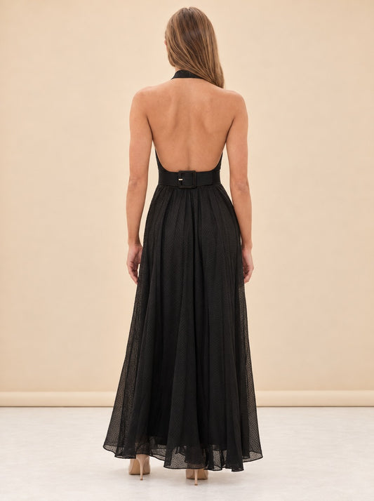 Vintage Belted Halter Gown black model back