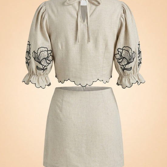 Joey Taupe Cropped Puff Sleeve Top and Matching Skirt with Black Floral Embroidery by Benaar LA — back detail