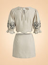 Joey Taupe Cropped Puff Sleeve Top and Matching Skirt with Black Floral Embroidery by Benaar LA — back detail