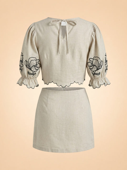 Joey Taupe Cropped Puff Sleeve Top and Matching Skirt with Black Floral Embroidery by Benaar LA — back detail