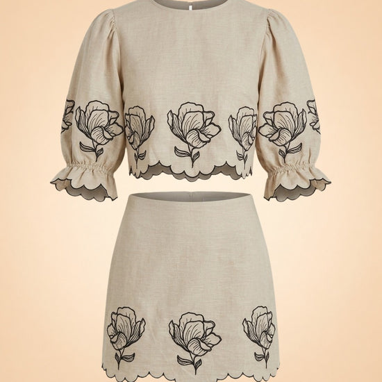 Joey Taupe Cropped Puff Sleeve Top and Matching Skirt with Black Floral Embroidery by Benaar LA — front detail