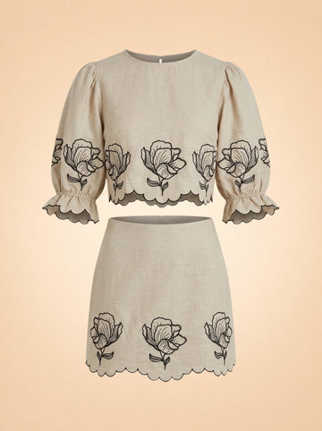 Joey Taupe Cropped Puff Sleeve Top and Matching Skirt with Black Floral Embroidery by Benaar LA — front detail