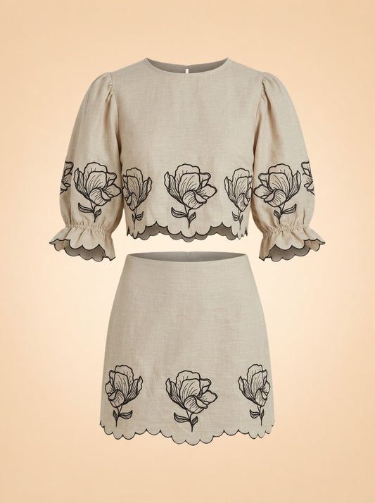 Joey Taupe Cropped Puff Sleeve Top and Matching Skirt with Black Floral Embroidery by Benaar LA — front detail