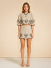 Joey Taupe Cropped Puff Sleeve Top and Matching Skirt with Black Floral Embroidery by Benaar LA — front