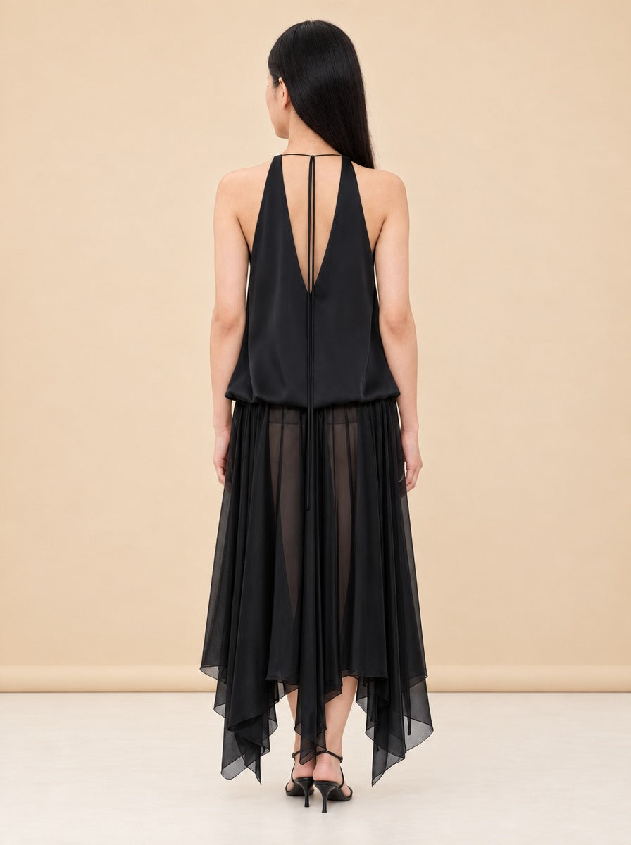 Kimberly Satin Organza Handkerchief Dress — model back