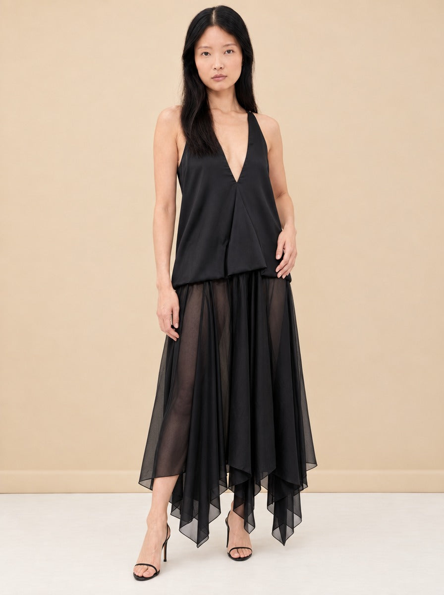 Kimberly Satin Organza Handkerchief Dress — model front