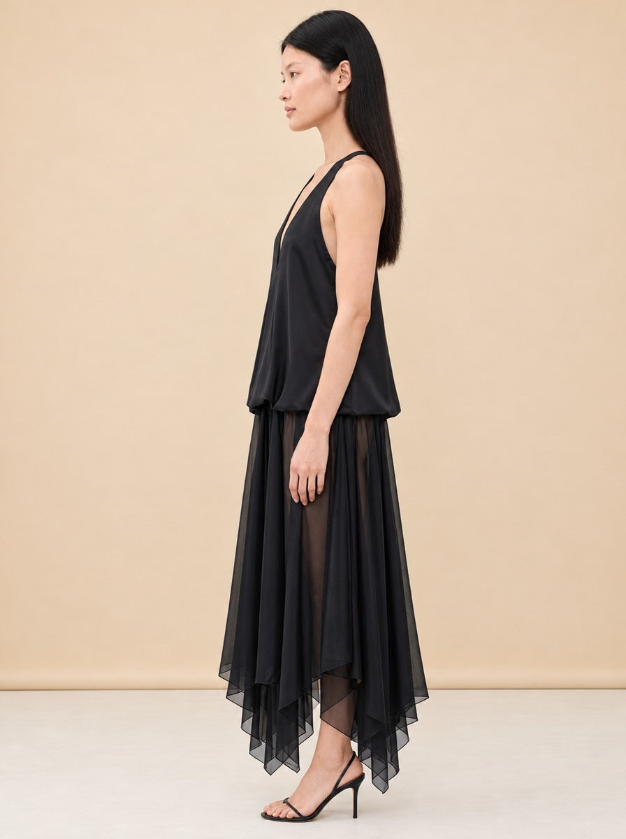 Kimberly Satin Organza Handkerchief Dress — model side