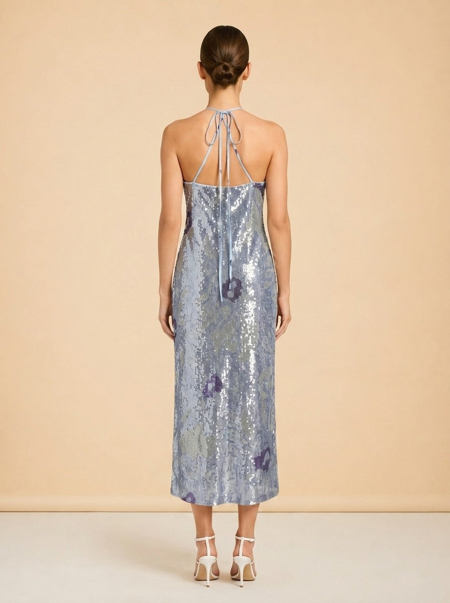 Jacquemus La Robe Le Coup de Soleil (blue/silver sequin) — on model, back
