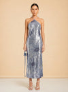 Jacquemus La Robe Le Coup de Soleil (blue/silver sequin) — on model, front