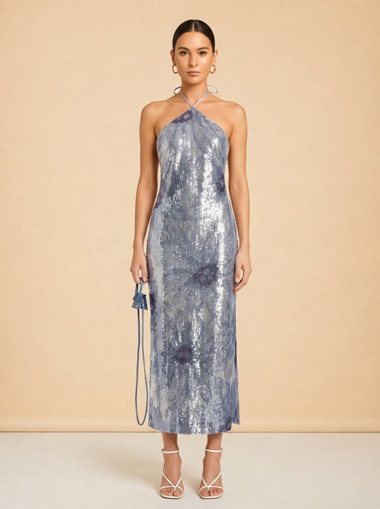 Jacquemus La Robe Le Coup de Soleil (blue/silver sequin) — on model, front