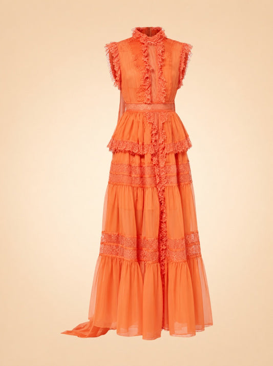 Evandale Chiffon Lace Tiered Maxi Dress — ghost front