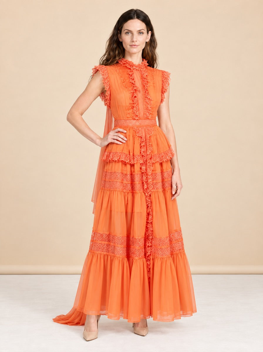 Evandale Chiffon Lace Tiered Maxi Dress — model front 3