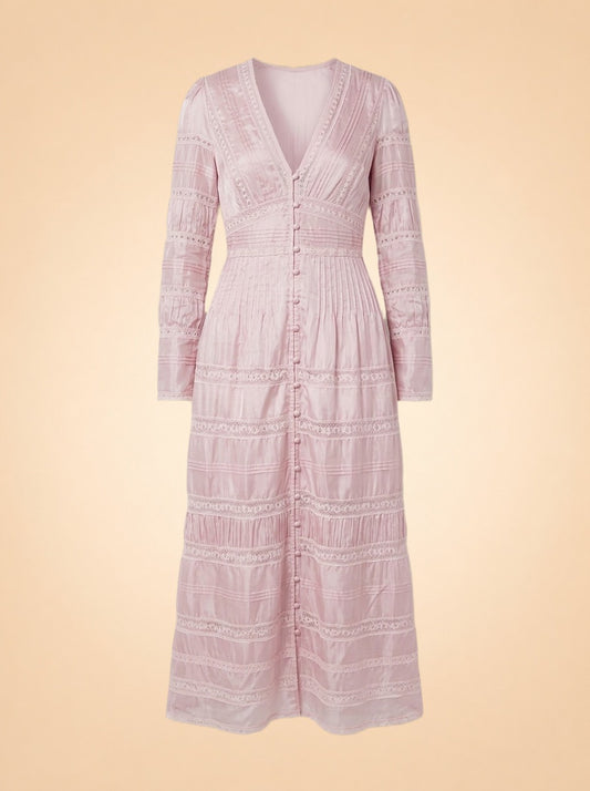 LoveShackFancy Lace Long-Sleeve Button Maxi (mauve/pink) — front