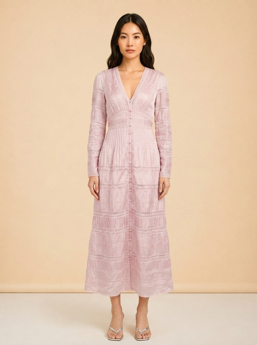 LoveShackFancy Lace Long-Sleeve Button Maxi (mauve/pink) — on model, front