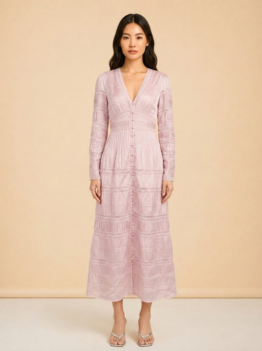 LoveShackFancy Lace Long-Sleeve Button Maxi (mauve/pink) — on model, front