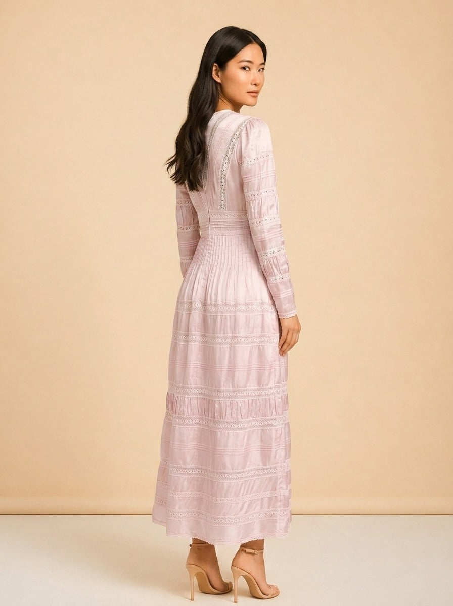 LoveShackFancy Lace Long-Sleeve Button Maxi (mauve/pink) — detail