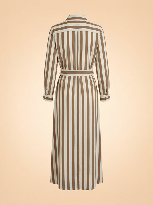 Taupe Striped Belted Maxi Shirtdress