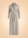 Taupe Striped Belted Maxi Shirtdress