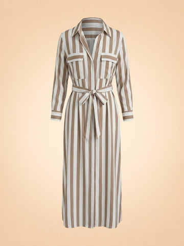 Taupe Striped Belted Maxi Shirtdress