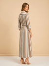 Taupe Striped Belted Maxi Shirtdress