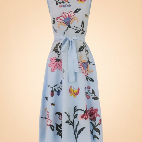 Fanm Mon Light Blue Butterfly/Floral Embroidered Linen Dress — front