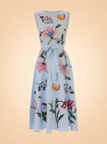 Fanm Mon Light Blue Butterfly/Floral Embroidered Linen Dress — front