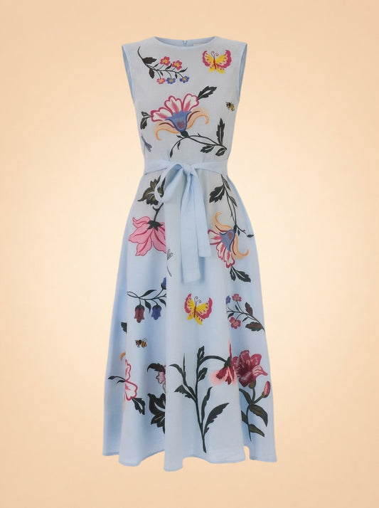 Fanm Mon Light Blue Butterfly/Floral Embroidered Linen Dress — front