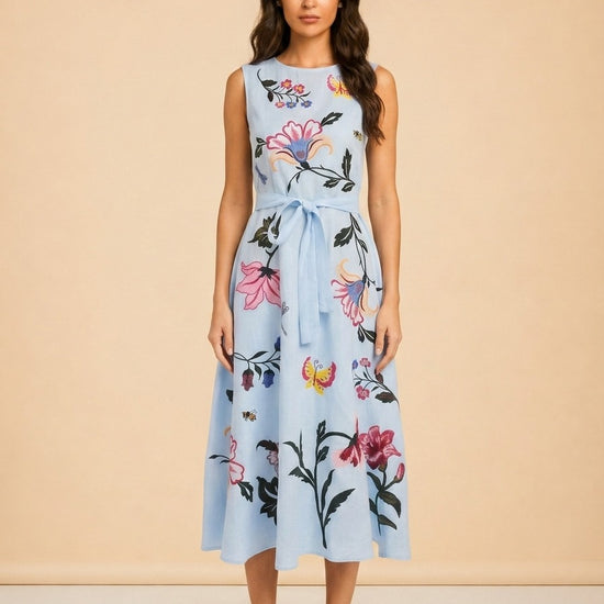 Fanm Mon Light Blue Butterfly/Floral Embroidered Linen Dress — on model, front