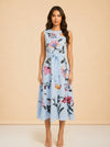 Fanm Mon Light Blue Butterfly/Floral Embroidered Linen Dress — on model, front