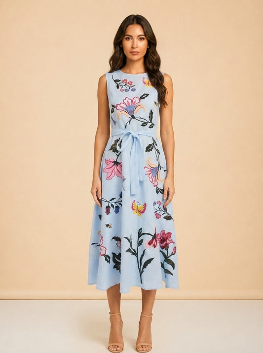 Fanm Mon Light Blue Butterfly/Floral Embroidered Linen Dress — on model, front