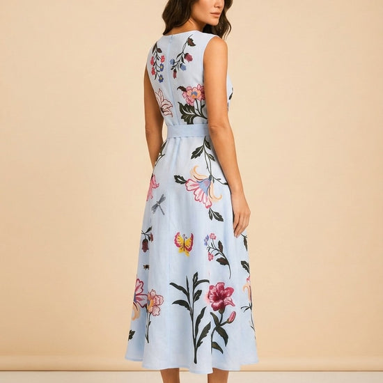 Fanm Mon Light Blue Butterfly/Floral Embroidered Linen Dress — detail